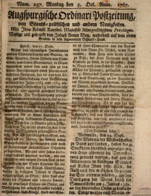 Augsburgische Ordinari Postzeitung von Staats-, gelehrten, historisch- u. ökonomischen Neuigkeiten (Augsburger Postzeitung) Montag 5. Oktober 1767