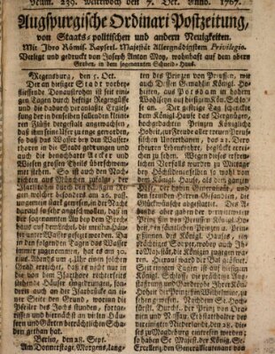 Augsburgische Ordinari Postzeitung von Staats-, gelehrten, historisch- u. ökonomischen Neuigkeiten (Augsburger Postzeitung) Mittwoch 7. Oktober 1767