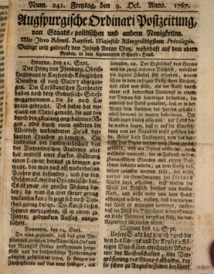 Augsburgische Ordinari Postzeitung von Staats-, gelehrten, historisch- u. ökonomischen Neuigkeiten (Augsburger Postzeitung) Freitag 9. Oktober 1767