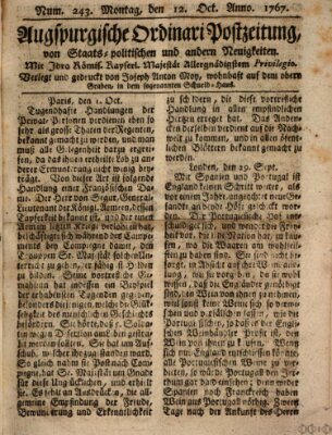 Augsburgische Ordinari Postzeitung von Staats-, gelehrten, historisch- u. ökonomischen Neuigkeiten (Augsburger Postzeitung) Montag 12. Oktober 1767