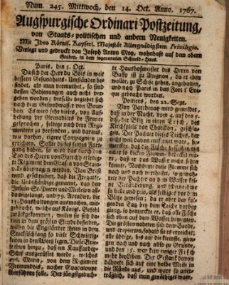 Augsburgische Ordinari Postzeitung von Staats-, gelehrten, historisch- u. ökonomischen Neuigkeiten (Augsburger Postzeitung) Mittwoch 14. Oktober 1767