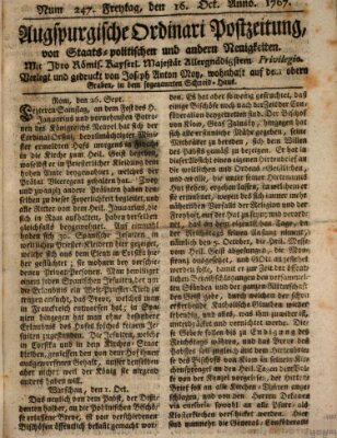 Augsburgische Ordinari Postzeitung von Staats-, gelehrten, historisch- u. ökonomischen Neuigkeiten (Augsburger Postzeitung) Freitag 16. Oktober 1767