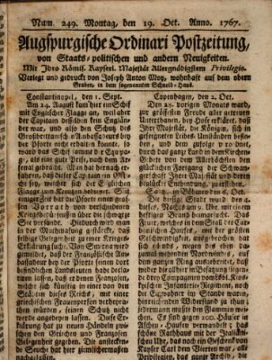 Augsburgische Ordinari Postzeitung von Staats-, gelehrten, historisch- u. ökonomischen Neuigkeiten (Augsburger Postzeitung) Montag 19. Oktober 1767