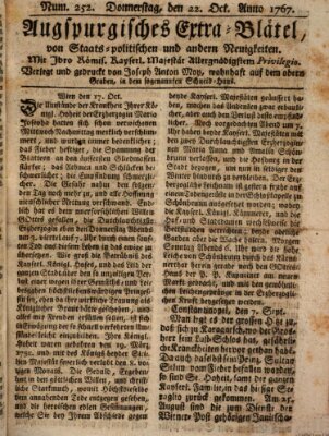 Augsburgische Ordinari Postzeitung von Staats-, gelehrten, historisch- u. ökonomischen Neuigkeiten (Augsburger Postzeitung) Donnerstag 22. Oktober 1767