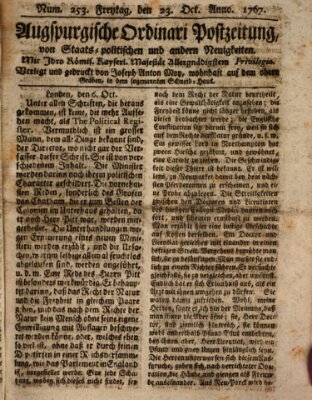 Augsburgische Ordinari Postzeitung von Staats-, gelehrten, historisch- u. ökonomischen Neuigkeiten (Augsburger Postzeitung) Freitag 23. Oktober 1767