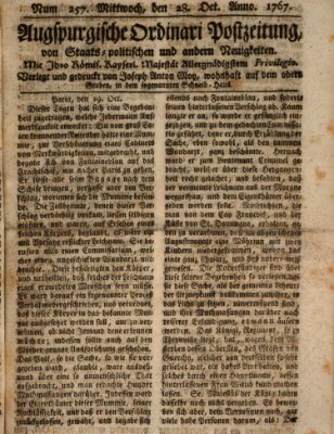 Augsburgische Ordinari Postzeitung von Staats-, gelehrten, historisch- u. ökonomischen Neuigkeiten (Augsburger Postzeitung) Mittwoch 28. Oktober 1767