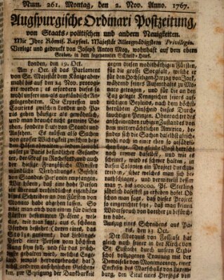 Augsburgische Ordinari Postzeitung von Staats-, gelehrten, historisch- u. ökonomischen Neuigkeiten (Augsburger Postzeitung) Montag 2. November 1767