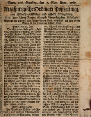 Augsburgische Ordinari Postzeitung von Staats-, gelehrten, historisch- u. ökonomischen Neuigkeiten (Augsburger Postzeitung) Samstag 7. November 1767