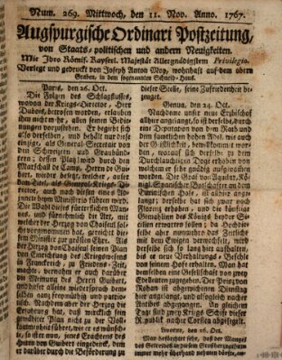 Augsburgische Ordinari Postzeitung von Staats-, gelehrten, historisch- u. ökonomischen Neuigkeiten (Augsburger Postzeitung) Mittwoch 11. November 1767