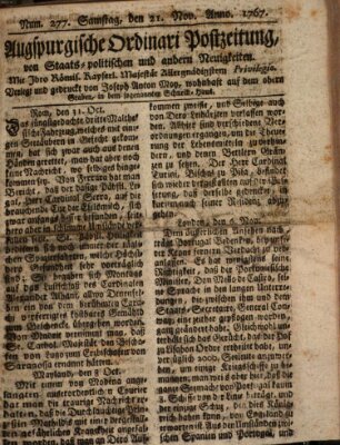 Augsburgische Ordinari Postzeitung von Staats-, gelehrten, historisch- u. ökonomischen Neuigkeiten (Augsburger Postzeitung) Samstag 21. November 1767