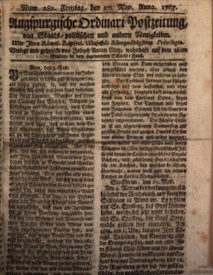 Augsburgische Ordinari Postzeitung von Staats-, gelehrten, historisch- u. ökonomischen Neuigkeiten (Augsburger Postzeitung) Freitag 27. November 1767