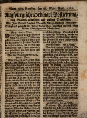 Augsburgische Ordinari Postzeitung von Staats-, gelehrten, historisch- u. ökonomischen Neuigkeiten (Augsburger Postzeitung) Samstag 28. November 1767