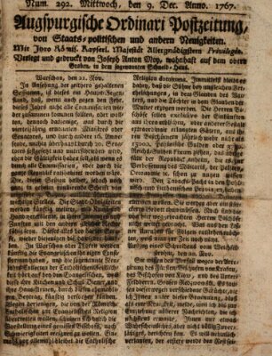 Augsburgische Ordinari Postzeitung von Staats-, gelehrten, historisch- u. ökonomischen Neuigkeiten (Augsburger Postzeitung) Mittwoch 9. Dezember 1767