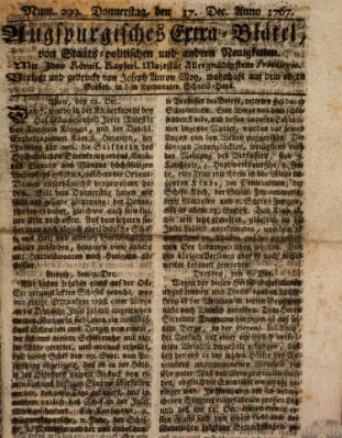 Augsburgische Ordinari Postzeitung von Staats-, gelehrten, historisch- u. ökonomischen Neuigkeiten (Augsburger Postzeitung) Donnerstag 17. Dezember 1767