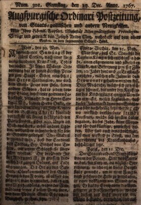 Augsburgische Ordinari Postzeitung von Staats-, gelehrten, historisch- u. ökonomischen Neuigkeiten (Augsburger Postzeitung) Samstag 19. Dezember 1767