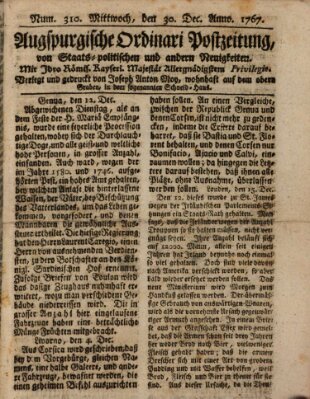 Augsburgische Ordinari Postzeitung von Staats-, gelehrten, historisch- u. ökonomischen Neuigkeiten (Augsburger Postzeitung) Mittwoch 30. Dezember 1767