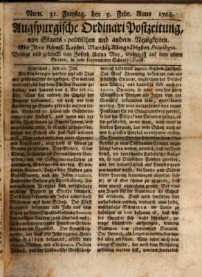 Augsburgische Ordinari Postzeitung von Staats-, gelehrten, historisch- u. ökonomischen Neuigkeiten (Augsburger Postzeitung) Freitag 5. Februar 1768