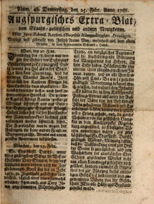 Augsburgische Ordinari Postzeitung von Staats-, gelehrten, historisch- u. ökonomischen Neuigkeiten (Augsburger Postzeitung) Donnerstag 25. Februar 1768