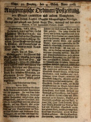 Augsburgische Ordinari Postzeitung von Staats-, gelehrten, historisch- u. ökonomischen Neuigkeiten (Augsburger Postzeitung) Freitag 4. März 1768