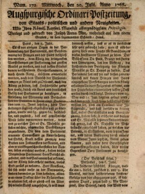 Augsburgische Ordinari Postzeitung von Staats-, gelehrten, historisch- u. ökonomischen Neuigkeiten (Augsburger Postzeitung) Mittwoch 20. Juli 1768