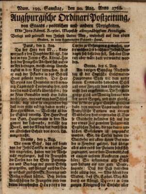 Augsburgische Ordinari Postzeitung von Staats-, gelehrten, historisch- u. ökonomischen Neuigkeiten (Augsburger Postzeitung) Samstag 20. August 1768