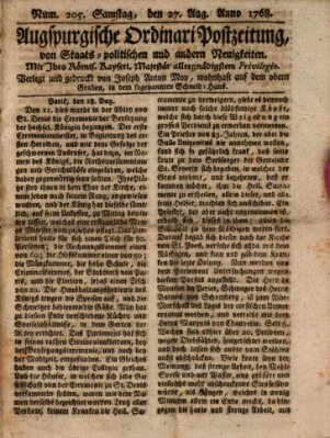 Augsburgische Ordinari Postzeitung von Staats-, gelehrten, historisch- u. ökonomischen Neuigkeiten (Augsburger Postzeitung) Samstag 27. August 1768