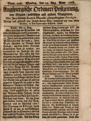 Augsburgische Ordinari Postzeitung von Staats-, gelehrten, historisch- u. ökonomischen Neuigkeiten (Augsburger Postzeitung) Montag 29. August 1768