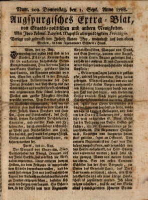 Augsburgische Ordinari Postzeitung von Staats-, gelehrten, historisch- u. ökonomischen Neuigkeiten (Augsburger Postzeitung) Donnerstag 1. September 1768