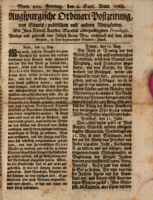 Augsburgische Ordinari Postzeitung von Staats-, gelehrten, historisch- u. ökonomischen Neuigkeiten (Augsburger Postzeitung) Freitag 2. September 1768