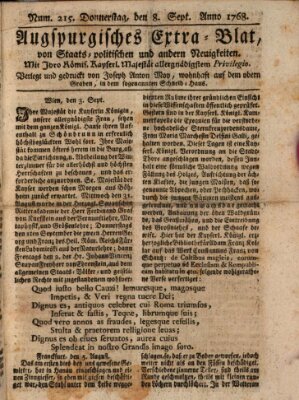 Augsburgische Ordinari Postzeitung von Staats-, gelehrten, historisch- u. ökonomischen Neuigkeiten (Augsburger Postzeitung) Donnerstag 8. September 1768