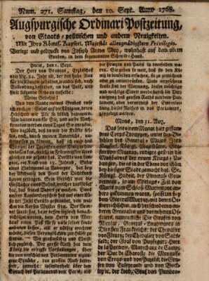 Augsburgische Ordinari Postzeitung von Staats-, gelehrten, historisch- u. ökonomischen Neuigkeiten (Augsburger Postzeitung) Samstag 10. September 1768