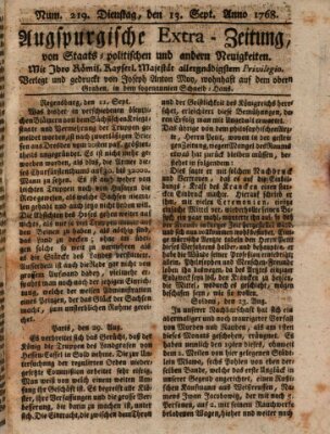 Augsburgische Ordinari Postzeitung von Staats-, gelehrten, historisch- u. ökonomischen Neuigkeiten (Augsburger Postzeitung) Dienstag 13. September 1768