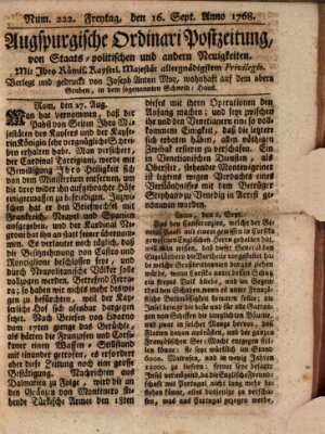 Augsburgische Ordinari Postzeitung von Staats-, gelehrten, historisch- u. ökonomischen Neuigkeiten (Augsburger Postzeitung) Freitag 16. September 1768