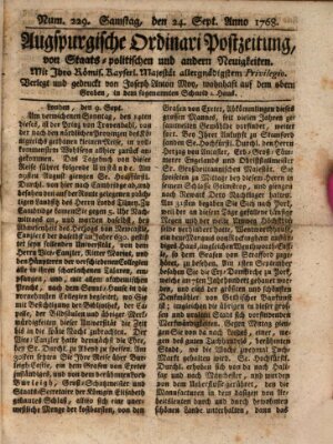 Augsburgische Ordinari Postzeitung von Staats-, gelehrten, historisch- u. ökonomischen Neuigkeiten (Augsburger Postzeitung) Samstag 24. September 1768