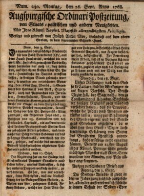 Augsburgische Ordinari Postzeitung von Staats-, gelehrten, historisch- u. ökonomischen Neuigkeiten (Augsburger Postzeitung) Montag 26. September 1768