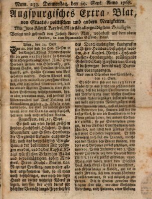 Augsburgische Ordinari Postzeitung von Staats-, gelehrten, historisch- u. ökonomischen Neuigkeiten (Augsburger Postzeitung) Donnerstag 29. September 1768