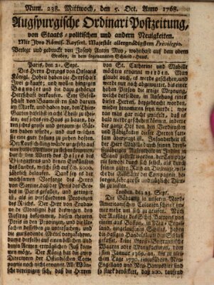 Augsburgische Ordinari Postzeitung von Staats-, gelehrten, historisch- u. ökonomischen Neuigkeiten (Augsburger Postzeitung) Mittwoch 5. Oktober 1768