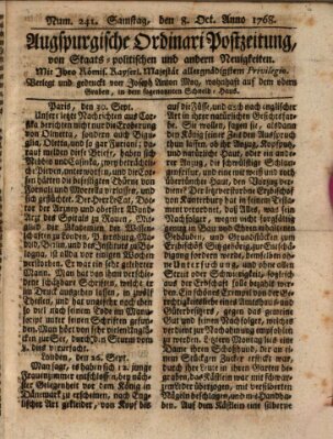 Augsburgische Ordinari Postzeitung von Staats-, gelehrten, historisch- u. ökonomischen Neuigkeiten (Augsburger Postzeitung) Samstag 8. Oktober 1768