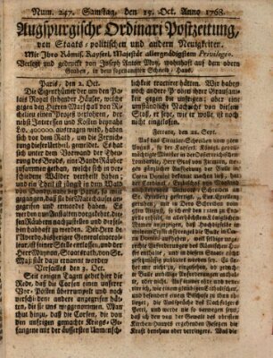 Augsburgische Ordinari Postzeitung von Staats-, gelehrten, historisch- u. ökonomischen Neuigkeiten (Augsburger Postzeitung) Samstag 15. Oktober 1768