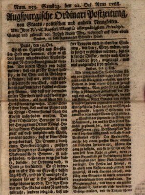 Augsburgische Ordinari Postzeitung von Staats-, gelehrten, historisch- u. ökonomischen Neuigkeiten (Augsburger Postzeitung) Samstag 22. Oktober 1768