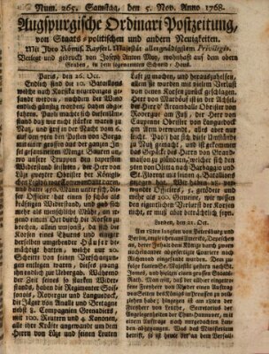 Augsburgische Ordinari Postzeitung von Staats-, gelehrten, historisch- u. ökonomischen Neuigkeiten (Augsburger Postzeitung) Samstag 5. November 1768