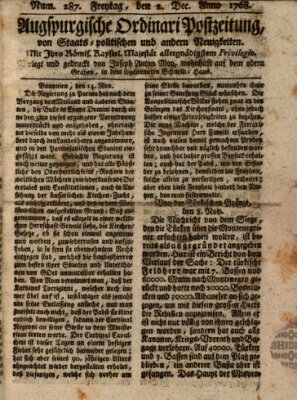 Augsburgische Ordinari Postzeitung von Staats-, gelehrten, historisch- u. ökonomischen Neuigkeiten (Augsburger Postzeitung) Freitag 2. Dezember 1768