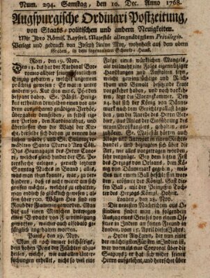 Augsburgische Ordinari Postzeitung von Staats-, gelehrten, historisch- u. ökonomischen Neuigkeiten (Augsburger Postzeitung) Samstag 10. Dezember 1768