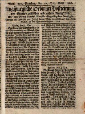 Augsburgische Ordinari Postzeitung von Staats-, gelehrten, historisch- u. ökonomischen Neuigkeiten (Augsburger Postzeitung) Samstag 17. Dezember 1768