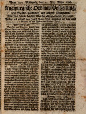 Augsburgische Ordinari Postzeitung von Staats-, gelehrten, historisch- u. ökonomischen Neuigkeiten (Augsburger Postzeitung) Mittwoch 21. Dezember 1768