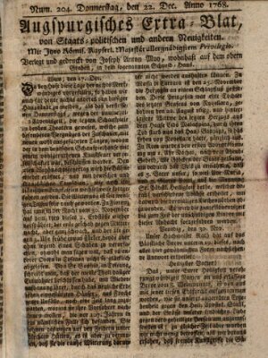 Augsburgische Ordinari Postzeitung von Staats-, gelehrten, historisch- u. ökonomischen Neuigkeiten (Augsburger Postzeitung) Donnerstag 22. Dezember 1768