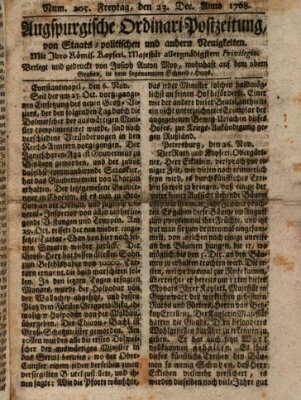 Augsburgische Ordinari Postzeitung von Staats-, gelehrten, historisch- u. ökonomischen Neuigkeiten (Augsburger Postzeitung) Freitag 23. Dezember 1768