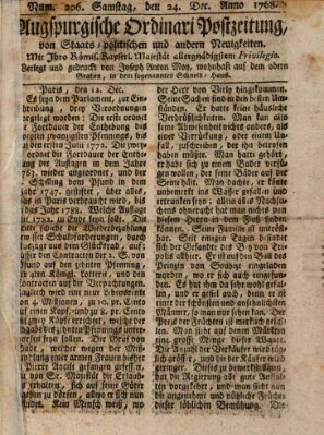 Augsburgische Ordinari Postzeitung von Staats-, gelehrten, historisch- u. ökonomischen Neuigkeiten (Augsburger Postzeitung) Samstag 24. Dezember 1768