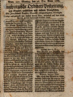 Augsburgische Ordinari Postzeitung von Staats-, gelehrten, historisch- u. ökonomischen Neuigkeiten (Augsburger Postzeitung) Montag 26. Dezember 1768