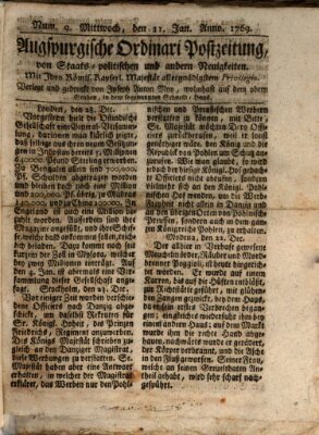 Augsburgische Ordinari Postzeitung von Staats-, gelehrten, historisch- u. ökonomischen Neuigkeiten (Augsburger Postzeitung) Mittwoch 11. Januar 1769